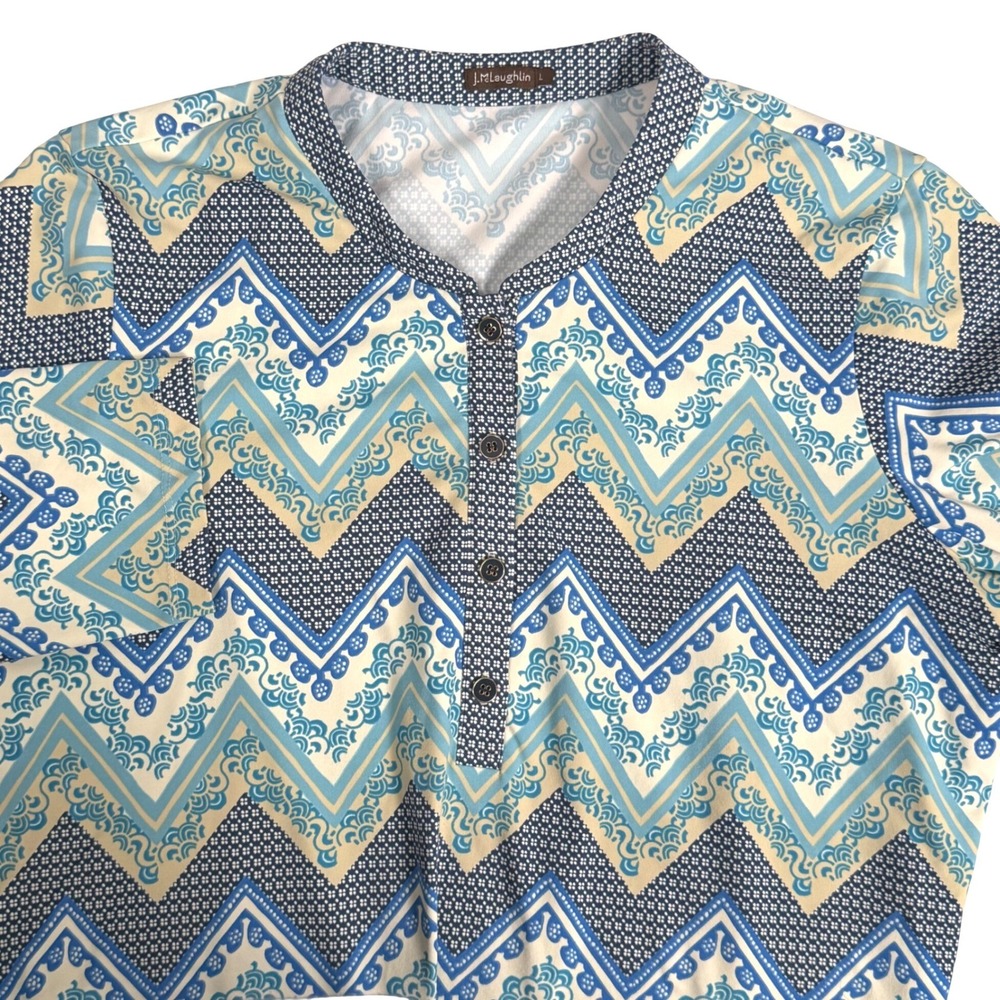 J McLaughlin Biscane Catalina Cloth Womens L Blue Chevron Henley Tunic Top